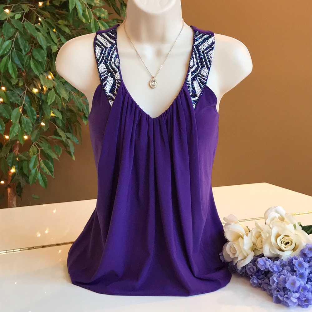 STUDIO Y PURPLE BEADED V NECK BANDED BOTTOM TOP SM